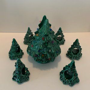 HOLIDAY CHRISTMAS TREE CERAMIC NAPKIN HOLDERS-MAIN HOLDER  & 6 INDIVIDUAL-NEW